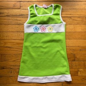 Vintage girls lime bright green 60s mod shift dress embroidered flowers on front